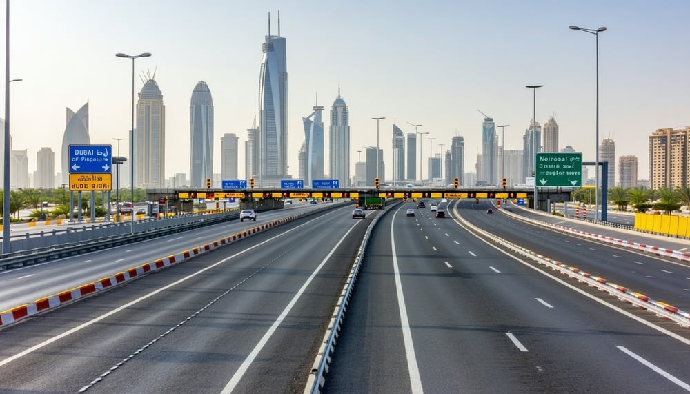 Modern Dubai highway with toll gates and city skyline Modern Dubai highway with toll gates and city skyline